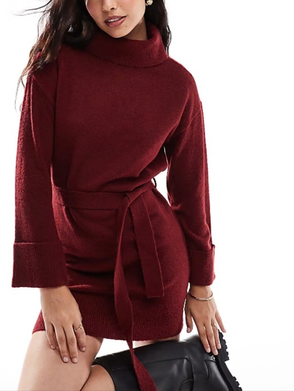 Burgundy Turtleneck Belted Knit Mini Dress